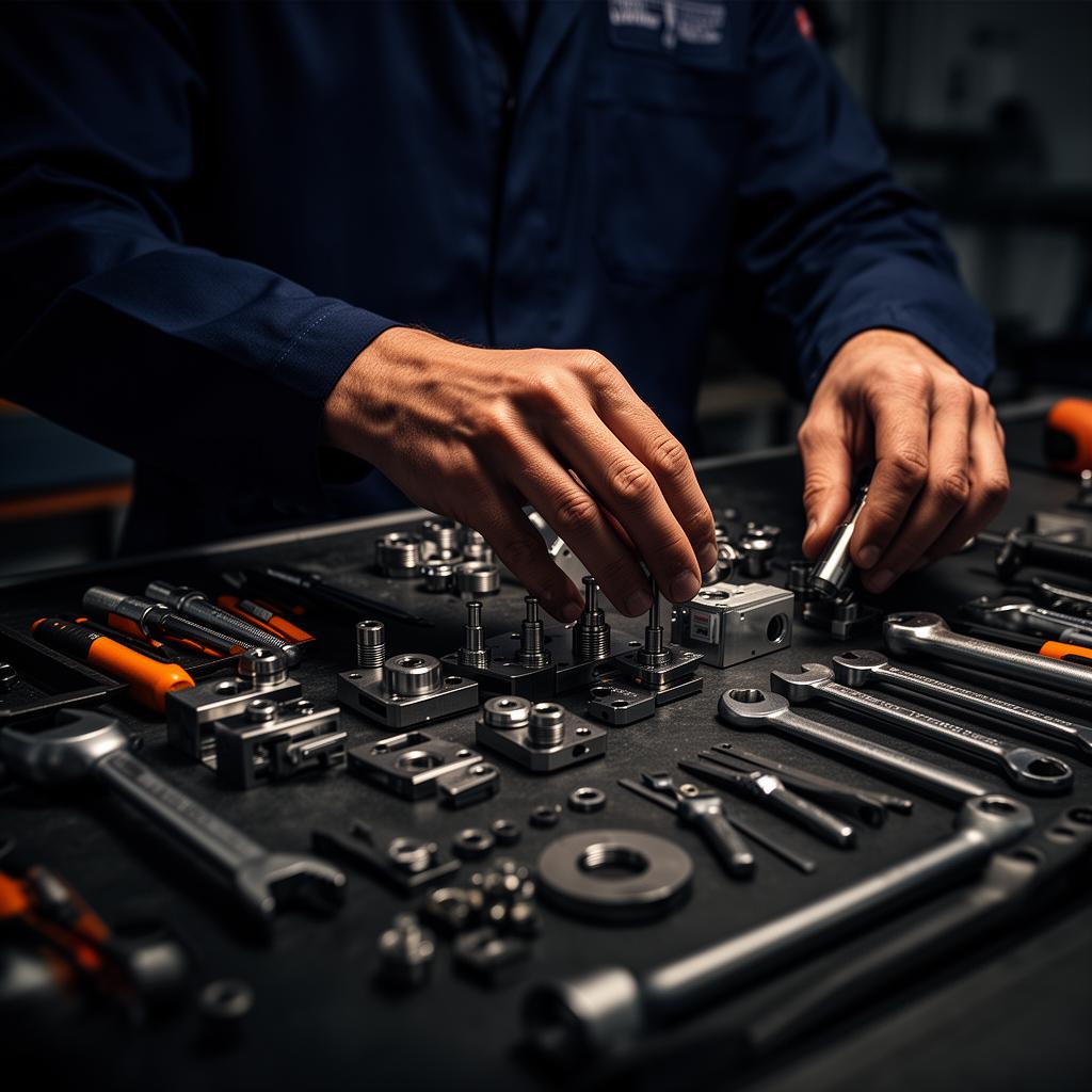 Precision industrial components on a dark workbench